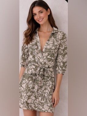 Tahari Olive and Cream Floral Button-Front Blouse